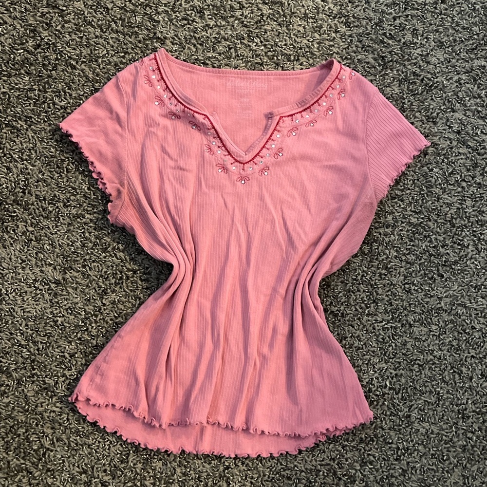 Vintage Pink Y2K Bedazzled Beaded Frilly Fairycore‎ Tshirt Whimseygoth Boho